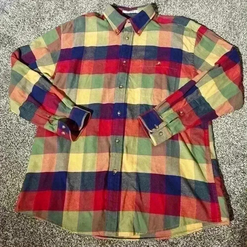 Orvis Mens Flannel Shirt L Green Blue Red Plaid Cotton Button Down Collar